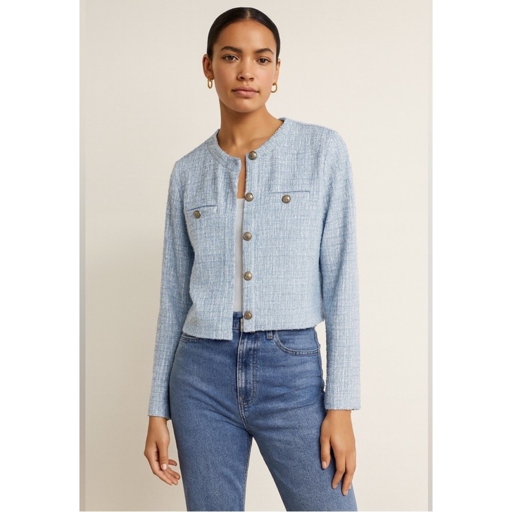 NWT‎ H&M Women's Light Blue Knit Textured Blazer Cardigan Silver Buttons